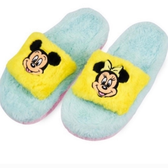 Disney Parks Retro Minnie Mickey Mouse Pastel Fuzzy Slippers - Picture 2 of 4